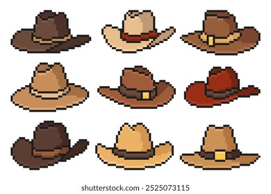 Pixel Art Cowboy Hats Set. Vector illustration