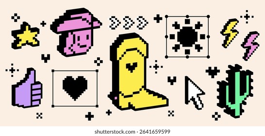 Pixel art cowboy icon collection with 3d effect. Wild west digital sticker set. Cowboy hat, cowboy boot, cactus, heart, star and cool digital objects. 8 bit style retro elements for gaming interface