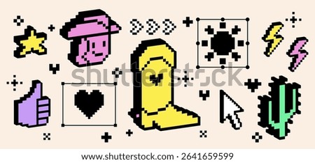 Pixel art cowboy icon collection with 3d effect. Wild west digital sticker set. Cowboy hat, cowboy boot, cactus, heart, star and cool digital objects. 8 bit style retro elements for gaming interface
