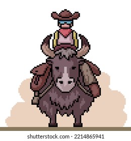 Pixel Art Of Cowboy Ride Yak