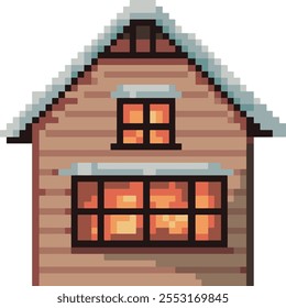 Pixel Art Cozy Winter Cabin with Snow-Covered Roof and Warm Interior Glow, Christmas