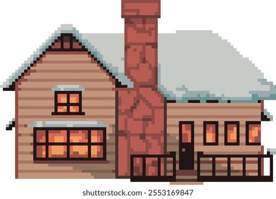 Pixel Art Cozy Winter Cabin with Snow-Covered Roof and Warm Interior Glow, Christmas