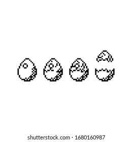 Pixel art cracking egg in monochrome color design.