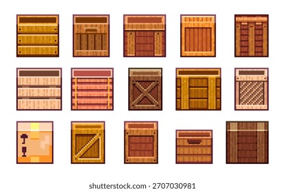 Pixel Art Crates Collection. 8bit Wooden Game Boxes Tileset and Spritesheet Assets for Platformer Levels, Inventory and Retro UI.