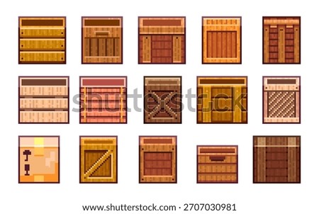 Pixel Art Crates Collection. 8bit Wooden Game Boxes Tileset and Spritesheet Assets for Platformer Levels, Inventory and Retro UI.