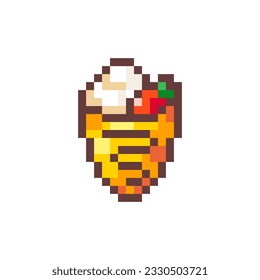 Pixel Art Cream Crepes. Retro 8 bit Style Sweet Dessert Ice cream cone Illustration. Ideal for Sticker, Retro Decorative Element, Game Asset, Emoji, or Cute Geek Avatar.