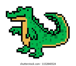 Pixel art crocodile character isolated on white background. Wildlife/zoo/national park/safari animal icon. Cute 8 bit alligator logo. Retro vintage 80s; 90s slot machine/video game graphics. 