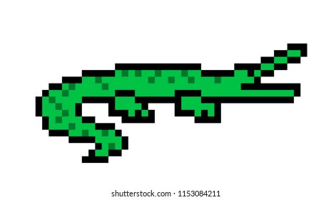 Pixel art crocodile character isolated on white background. Wildlife/zoo/national park/safari animal icon. Cute 8 bit alligator logo. Retro vintage 80s; 90s slot machine/video game graphics. 