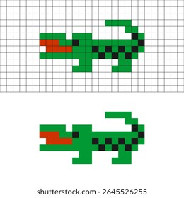 Crocodilo Pixel art em verde com grade e versão limpa, estilo retro de 8 bits.