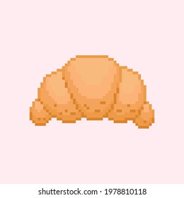 Pixel art croissant illustration. Vintage croissant bun in retro 8 bit gaming style. Pixel isolated croissant icon. Vector.