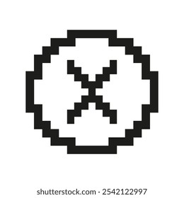 Pixel Art Cross In Circle Icon. Pixelated Cross Inside Circle, Symbol Of Cancellation Or Rejection. Isolated Vector Illustration.