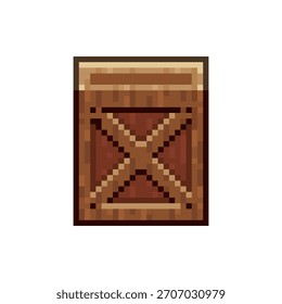 Pixel Art Cross Crate-Symbol. Retro 8-Bit-Holzkiste Sprite mit X Klammern für Beute, Hindernisse und zerbrechliche Blöcke.