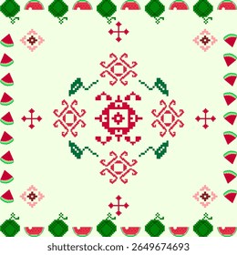 Pixel art cross stitch abstract geometric oriental sweet garden seamless pattern. Perfect geometry decorative design for fabric, clothing, embroidery, ornament, wallpaper, background, ceramic, mosaic