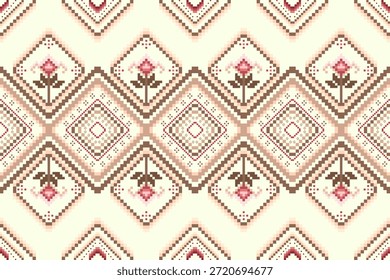 Pixel arte punto de cruz abstracto geométrico oriental dulce jardín sin patrón. Diseño decorativo de geometría perfecta para tela, ropa, bordado, adorno, Fondo de pantalla, fondo, cerámica, mosaico