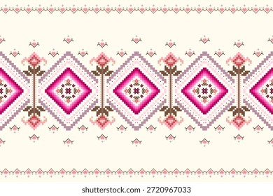 Pixel arte ponto cruz abstrato geométrico oriental doce jardim sem costura padrão. Projeto decorativo geometria perfeita para tecido, roupas, bordados, ornamento, papel de parede, fundo, cerâmica, mosaico