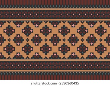 Pixel art Cross Stitch seamless pattern,Traditional pixel geometric Abstract ethnic background for print decor cloth,carpet,wall art