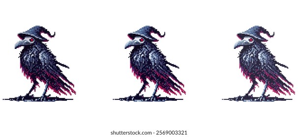 Pixel art of a crow with a witch's hat, giving it a mystical and magical appearance, perfect for fantasy-themed projects