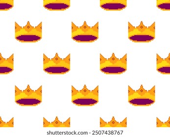 Pixel art crowns seamless pattern. Royal crowns and diadem in 8-bit retro graphic style of the 80s. Medieval royal crowns. Design for mobile applications, banners and posters. Vector illustration