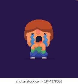 Pixel art crying character isolated on dark background