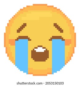 Pixel art crying emoji icon. Retro pixel emoticon of loudly crying face smiley. Cute sad cartoon kawaii vector social media smile icon.