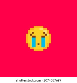 Pixel art crying emoji icon. Retro pixel emoticon of loudly crying face smiley. Cute sad cartoon kawaii vector social media smile icon.