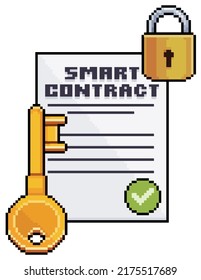 Pixel art cryptocurrency smart contract. Paper, key and padlock vector icon for 8bit game on white background
