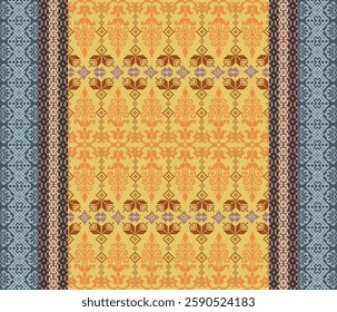 Pixel art, culture, yellow. Blue stripes. Tribal carpet, floral pattern, tablecloth, ethnic traditional, handicraft, tribal pattern, intricate pixel, retro, texture, cloth, native, sarong, decoration.