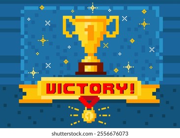 Pixel art cup. 8 bit game congratulation final screen. Winners gold goblet. Champion reward. Trophy asset. Golden medal badge. Arcade players achievement. Victory symbol