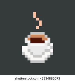 Pixel art cup of coffee icon. Old school video game style design element for logo, sticker and mobile application. Vector illustration.