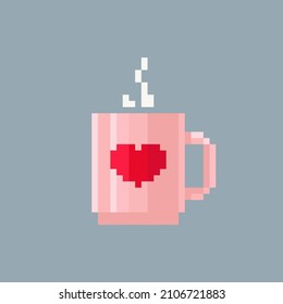 Pixel art cup of coffee illustration. Vector pixel hot chocolate mug in pixelated mosaic retro game style. 8 bit vintage decor for valentine day. Pixel drink isolated icon on white background.