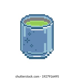 Pixel art cup of match tea icon. Pixelated cute pattern of green tea cup. Japanese green tea match in a cup. Retro gaming style japanese food and drink icon. Vector.
