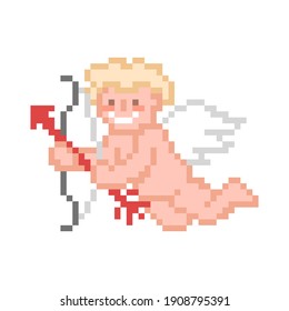 Pixel art cupid with bow and arrow isolated on white background. Valentine's day 8 bit character. Boy angel. February 14 mascot. Old school vintage retro 80s-90s slot machine, video game graphics.