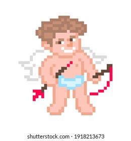 Pixel art cupid with bow and arrow isolated on white background. Valentine's day 8 bit character. Boy angel. February 14 mascot. Old school vintage retro 80s-90s slot machine, video game graphics.