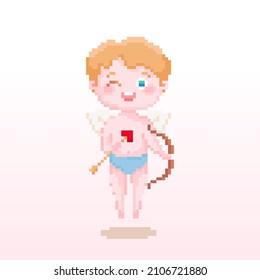 Pixelkunst mit Bogen- und Pfeilwinden-Illustration. Der Pixel Engel Junge wählt ein Paar in pixeliger Retro-Spielweise. 8-Bit-Vintage-Dekor für Valentinstag. 