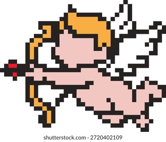 Icono del cupido del arte del pixel con el arco y la flecha, ángel lindo del carácter del amor para el día de San Valentín y diseño retro del juego, Ilustración vectorial aislada