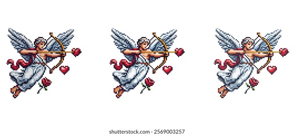 Pixel art Cupid with wings, bow, and heart-shaped arrow, surrounded by hearts and a rose symbolizing love and romance, perfect for Valentine's Day