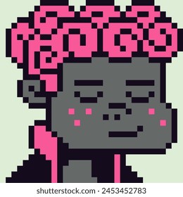 Pixel Art lockiger Junge, Mann, männliche Figur 8-bit, 80-s, Avatar, Guy Face, NFT, Cartoon-Vektorgrafik-Ikone, Spielbenutzer, Web-Profil Personen, Menschen, Social-Net-Portrait. Nicht fungibler Token.