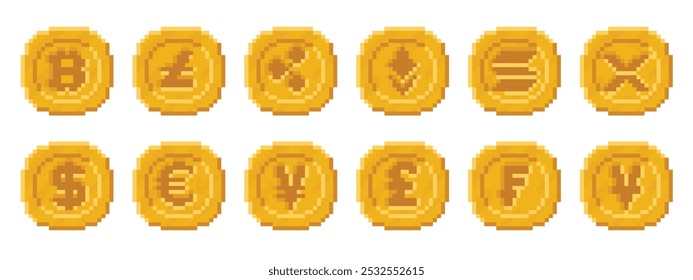 Pixel art moneda. Símbolos pixelados de criptomonedas Bitcoin, Dólar, Euro, Yen, Libra en monedas de oro. Conjunto de Vectores de dinero Fiat e iconos de criptomonedas digitales.