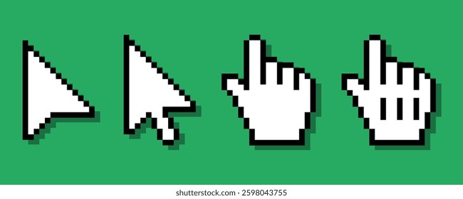 Pixel art cursor arrow, hand. Pixel mouse arrow pointer icon set.