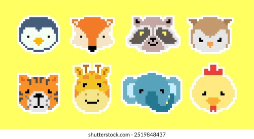 Pixel art of cute animal's face set vector. Animal pixel doodle sticker. 