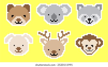 Arte del pixel del Vector del sistema de la cara del animal lindo. Etiqueta engomada del doodle del pixel animal. 