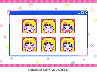 Arte Pixel Cute Anime Girl Emoji Set. Pegatinas digitales Emotes de 8 bits.