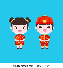 Pixel art cute boy and girl characters in lunar celebration costumes icon. Vector 8 bit style illustration of pixel Chinese new year costumes. Isolated cute element of retro video game graphic.