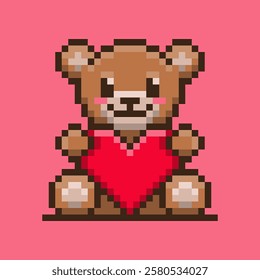 Pixel art of a cute brown teddy bear with a sweet expression on its face holding a large red heart, giving the sense of love, warm and affection. vector illustration.