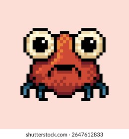 Pixel Art Cute Bug Monster, Alien Creature Character. Pixel art illustration of a small, red, bug monster alien creature with comically large, wide set eyes and tiny legs