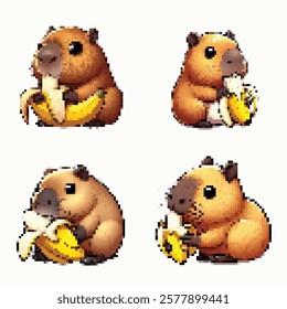 Pixel Art Cute Capybaras Eating Bananas