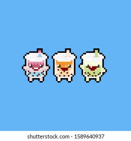 Pixel art cute cartoon bubble milk tea character icon set.