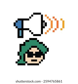 Pixel art cute cartoon character man with megaphone announcement speaker information announce decoration 8 bit male boy megaphone cartoon pixel game vector.