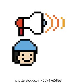 Pixel art cute cartoon character man with megaphone announcement speaker information announce decoration 8 bit male boy megaphone cartoon pixel game vector.