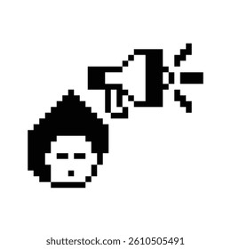 Pixel art cute cartoon character man with megaphone announcement speaker information announce decoration 8 bit male boy megaphone cartoon pixel game vector.